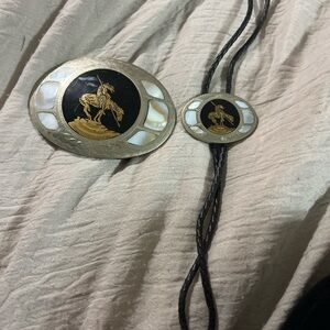 Vintage Colorado Silver Handcrafted Belt Buckle & Bolo Tie Set – Mother of pearl